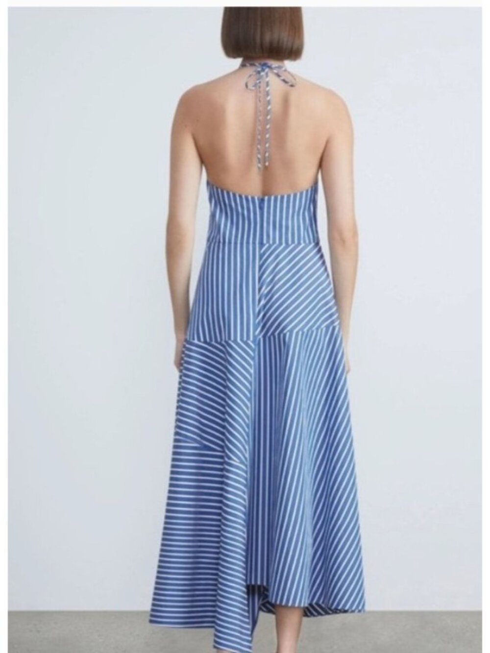 Lafayette 148 New York Blue White Striped Cotton Halter Dress Sz 8 Midi Pleated - Picture 3 of 15